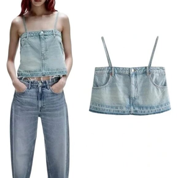 New ZARA Denim Jean Cropped Pants Top Spaghetti Strap Blue Wash Bloggers Fave - Picture 2 of 8